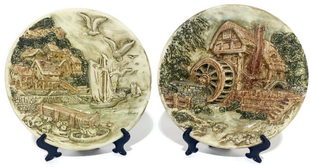 Vintage Chalkware Watermill & Seaport Wall Art Plates 10.5" - Lot of 2